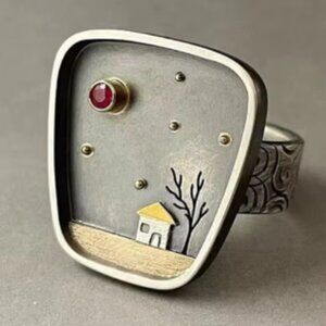 House Tree Sky Pink Rhinestone Ring